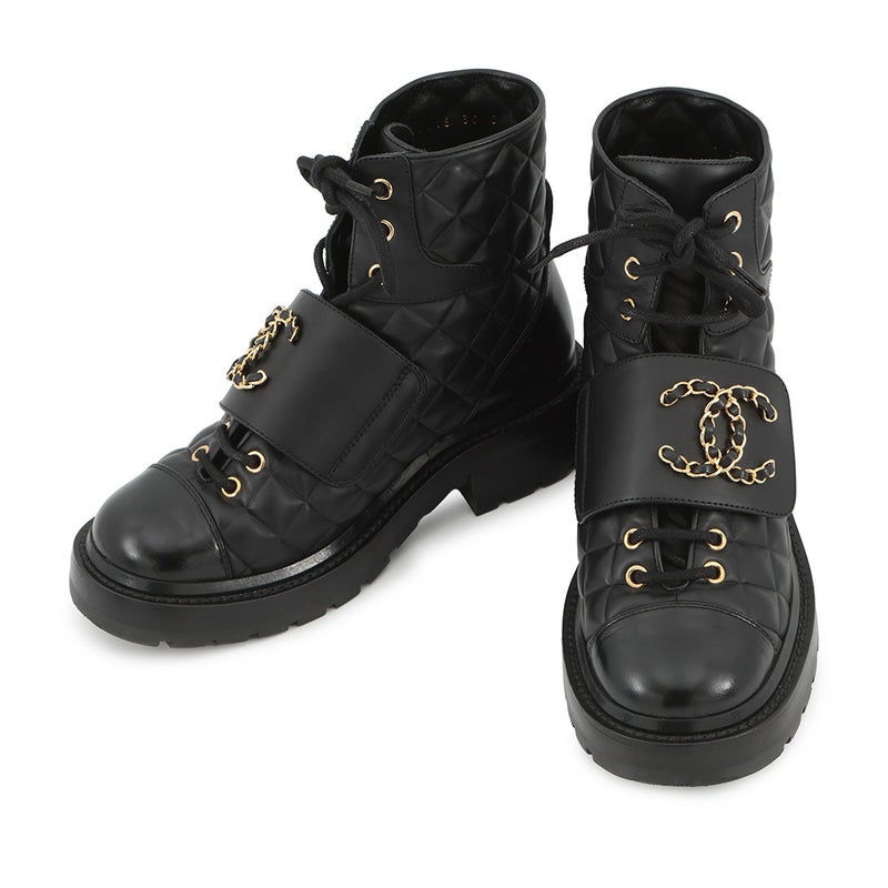 シャネル ショートブーツ マトラッセ ココマーク レースアップ レザー レディースサイズ35 G39516 CHANEL 靴 黒