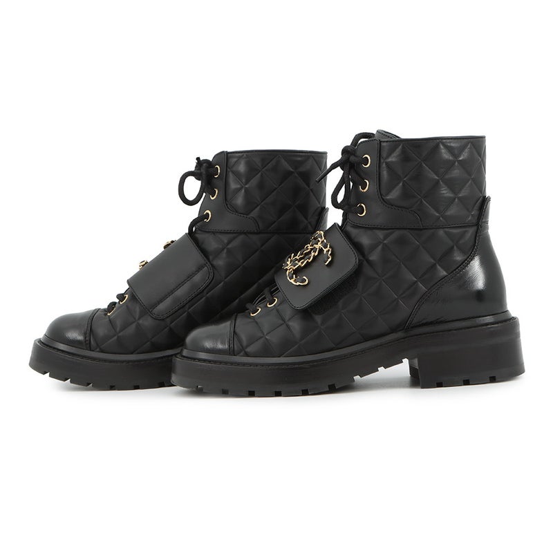 シャネル ショートブーツ マトラッセ ココマーク レースアップ レザー レディースサイズ35 G39516 CHANEL 靴 黒