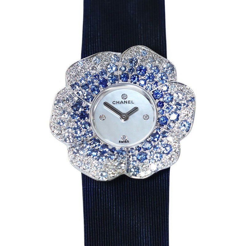 シャネル カメリア サファイア/ダイヤベゼル H1186 CHANEL 腕時計 ホワイトシェル文字盤 4Pダイヤ クォーツ