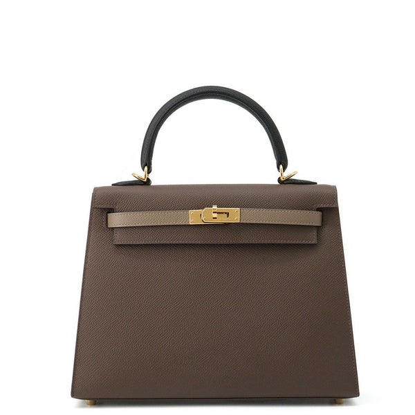 エルメス ケリー25 外縫い トリコロール エコルセ/ブラック/エトゥープ/ゴールド金具 エプソン W刻印 2wayショルダー