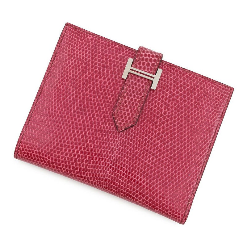 エルメス 二つ折り財布 ベアンコンパクト フューシャピンク/シルバー金具 リザード □I刻印