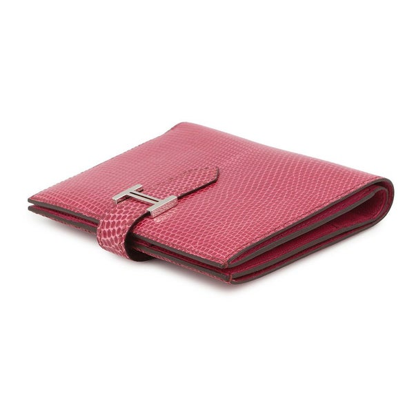 エルメス 二つ折り財布 ベアンコンパクト フューシャピンク/シルバー金具 リザード □I刻印