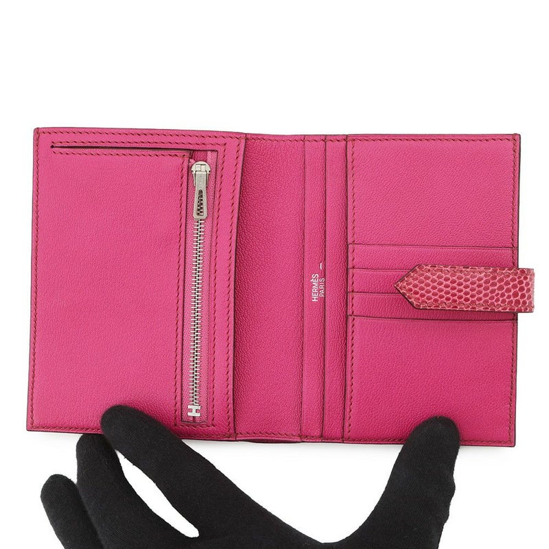 エルメス 二つ折り財布 ベアンコンパクト フューシャピンク/シルバー金具 リザード □I刻印