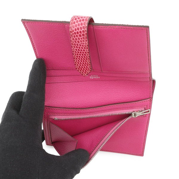 エルメス 二つ折り財布 ベアンコンパクト フューシャピンク/シルバー金具 リザード □I刻印