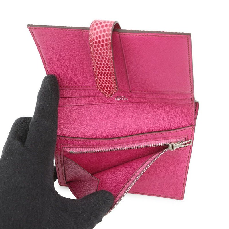 エルメス 二つ折り財布 ベアンコンパクト フューシャピンク/シルバー金具 リザード □I刻印