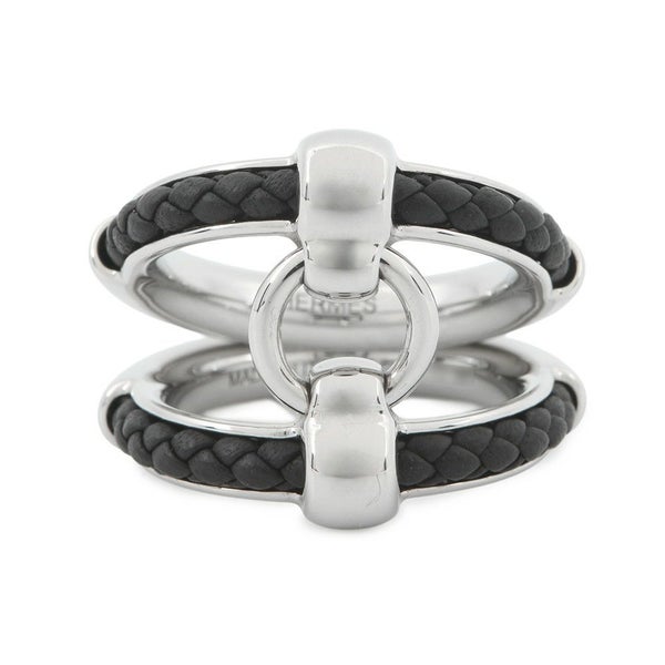 エルメス リング フリビュスティエ ブラック/シルバー金具 レザー サイズ58 HERMES 指輪 メンズ 黒