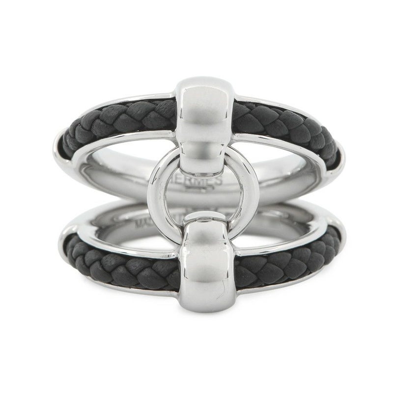 エルメス リング フリビュスティエ ブラック/シルバー金具 レザー サイズ58 HERMES 指輪 メンズ 黒