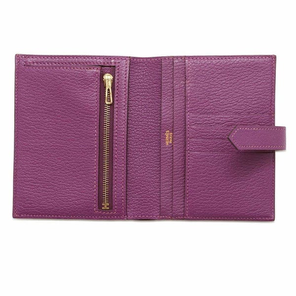 エルメス 二つ折り財布 ベアンコンパクト シクラメン/ゴールド金具 シェブルミゾル □H刻印 財布 シェーブル