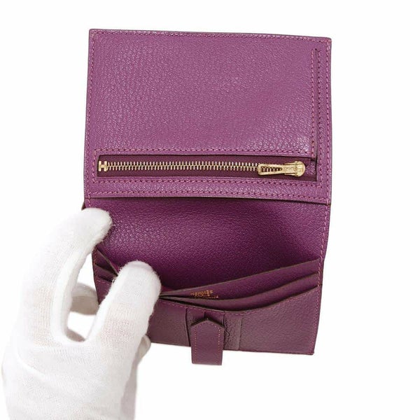 エルメス 二つ折り財布 ベアンコンパクト シクラメン/ゴールド金具 シェブルミゾル □H刻印 財布 シェーブル