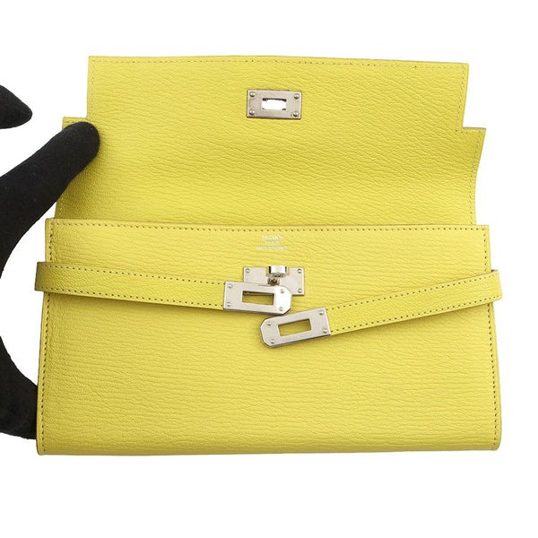 エルメス 長財布 ケリーウォレット ロング ライム/シルバー金具 シェブルミゾル X刻印 HERMES 財布 シェーブル