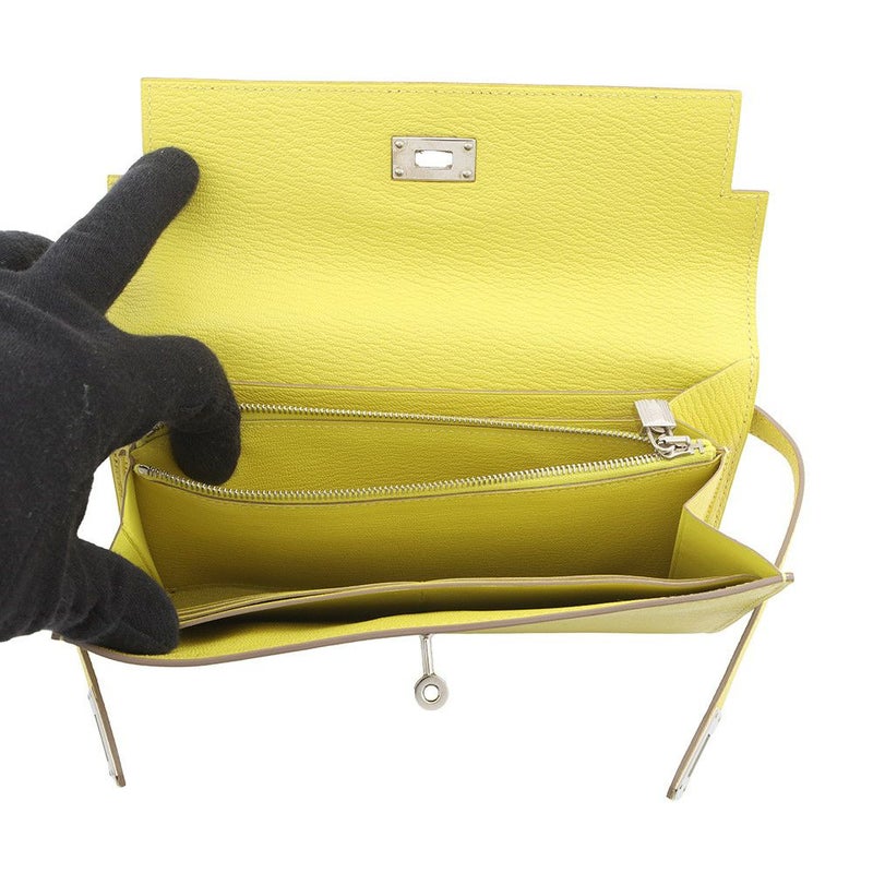 エルメス 長財布 ケリーウォレット ロング ライム/シルバー金具 シェブルミゾル X刻印 HERMES 財布 シェーブル