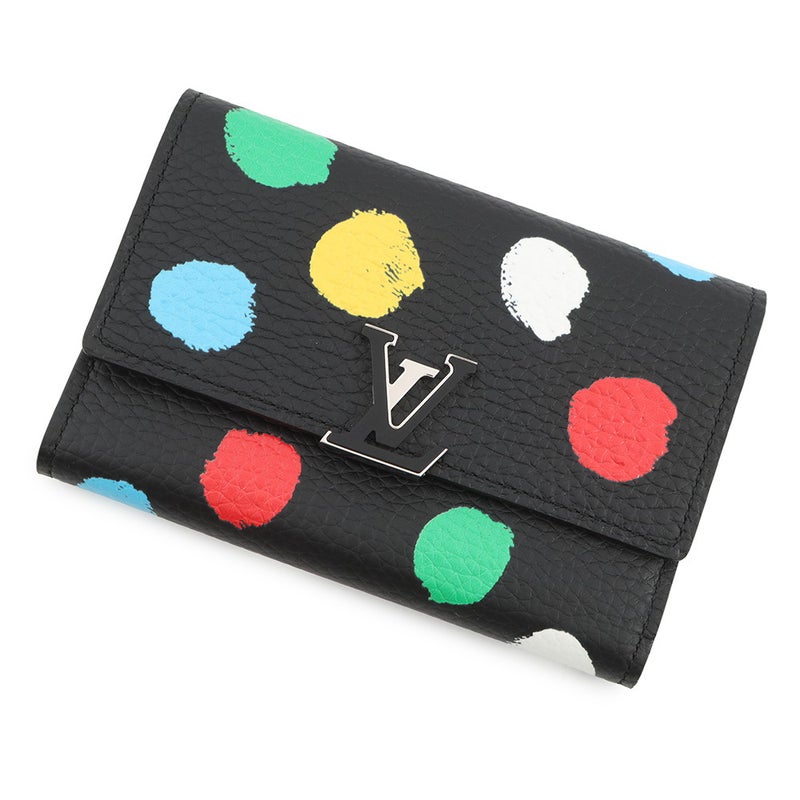 ルイヴィトン 三つ折り財布 トリヨンレザー/ペインティッド ドット LV×YK ポルトフォイユ・カプシーヌ コンパクト M81963 黒 草間弥生