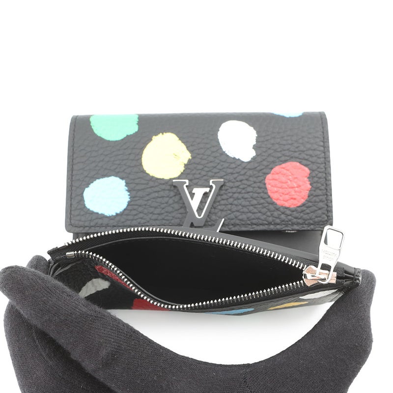 ルイヴィトン 三つ折り財布 トリヨンレザー/ペインティッド ドット LV×YK ポルトフォイユ・カプシーヌ コンパクト M81963 黒 草間弥生