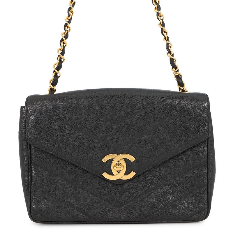シャネル チェーンショルダーバッグ シェブロン Vステッチ デカココ ココマーク キャビアスキン CHANEL バッグ 黒