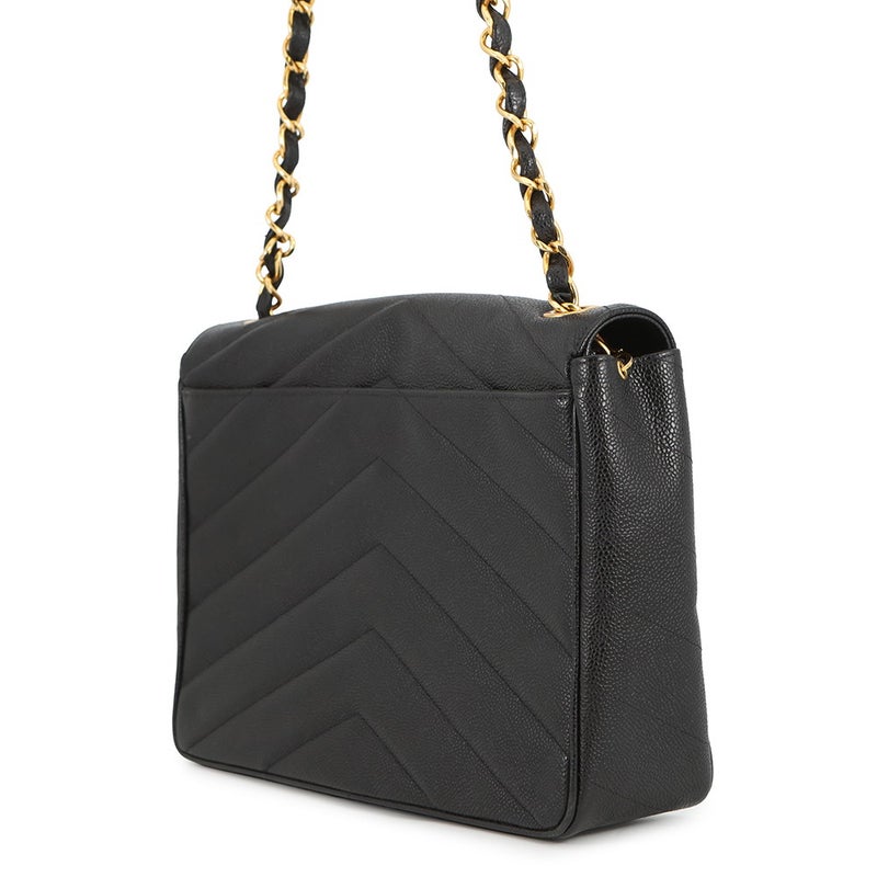 シャネル チェーンショルダーバッグ シェブロン Vステッチ デカココ ココマーク キャビアスキン CHANEL バッグ 黒