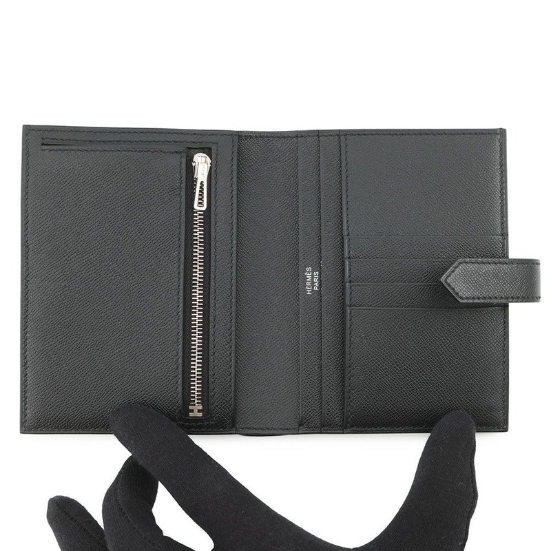 エルメス 二つ折り財布 ベアンコンパクト ブラック/ブラック金具 ヴォーマダム W刻印 黒