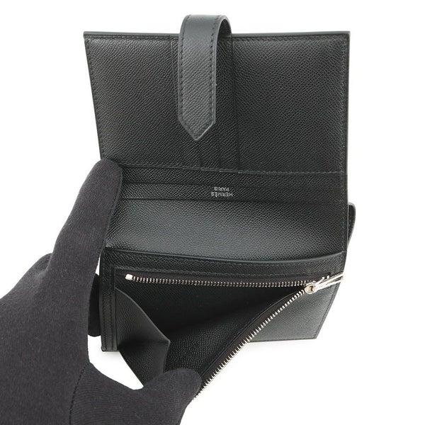 エルメス 二つ折り財布 ベアンコンパクト ブラック/ブラック金具 ヴォーマダム W刻印 黒