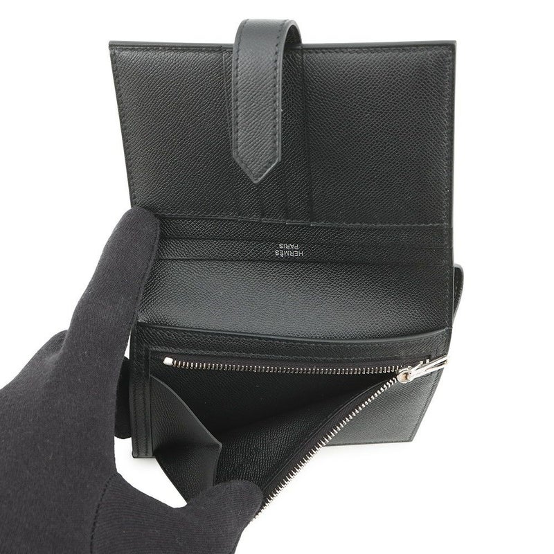 エルメス 二つ折り財布 ベアンコンパクト ブラック/ブラック金具 ヴォーマダム W刻印 黒