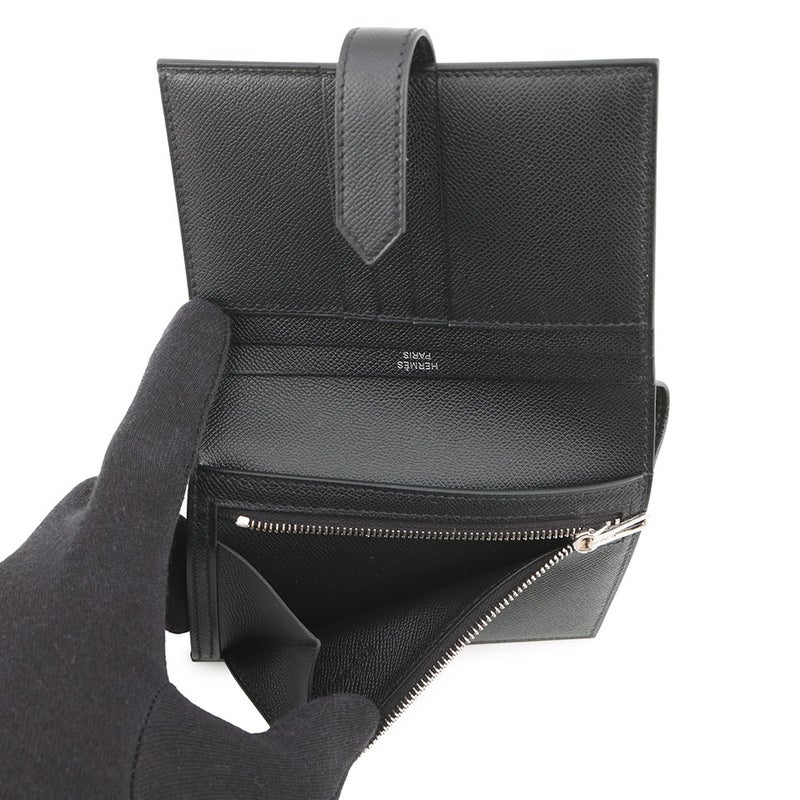 エルメス 二つ折り財布 ベアンコンパクト ブラック/ブラック金具 ヴォーマダム W刻印 黒