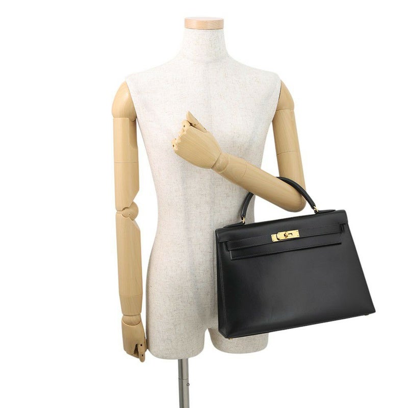 エルメス ハンドバッグ ケリー32 外縫い ブラック/ゴールド金具 ボックスカーフ 〇W刻印 2wayショルダー 黒