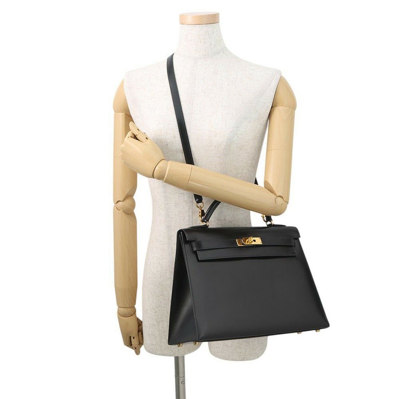 エルメス ハンドバッグ ケリー32 外縫い ブラック/ゴールド金具 ボックスカーフ 〇W刻印 2wayショルダー 黒