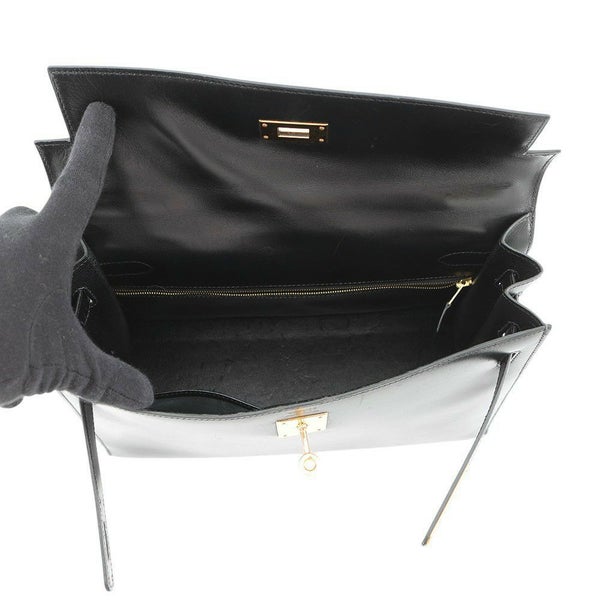 エルメス ハンドバッグ ケリー32 外縫い ブラック/ゴールド金具 ボックスカーフ 〇W刻印 2wayショルダー 黒