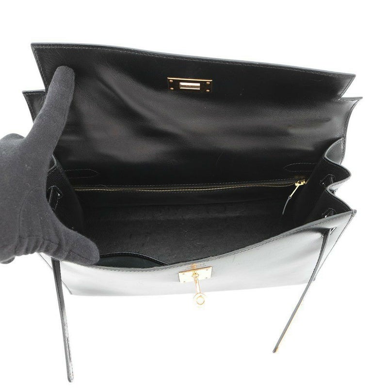 エルメス ハンドバッグ ケリー32 外縫い ブラック/ゴールド金具 ボックスカーフ 〇W刻印 2wayショルダー 黒