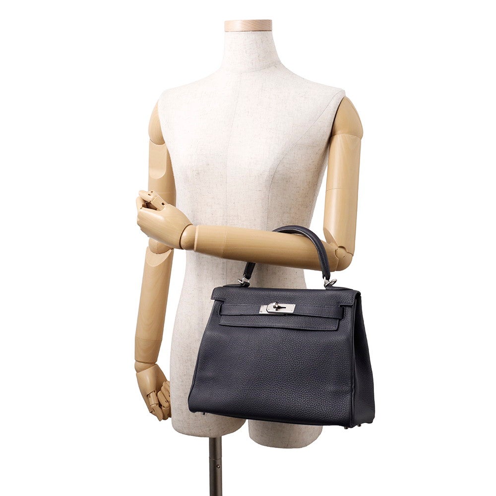 エルメス ハンドバッグ ケリー28 内縫い ブルーニュイ/シルバー金具