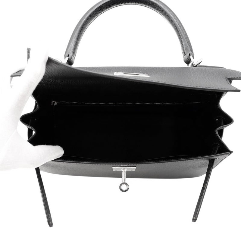 エルメス ハンドバッグ ケリー28 外縫い ブラック/シルバー金具 エプソン W刻印 ２wayショルダー 黒