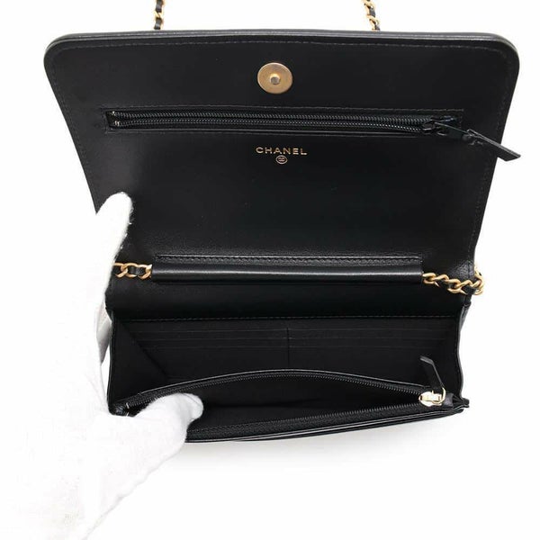 シャネル チェーンウォレット ココマーク フェイクパール カーフレザー CHANEL 黒 財布