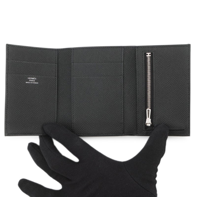 エルメス 三つ折り財布 ベアンコンビネ ブラック/シルバー金具 エプソン K刻印 HERMES 財布 黒