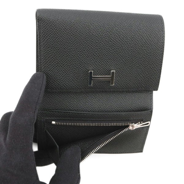 エルメス 三つ折り財布 ベアンコンビネ ブラック/シルバー金具 エプソン K刻印 HERMES 財布 黒