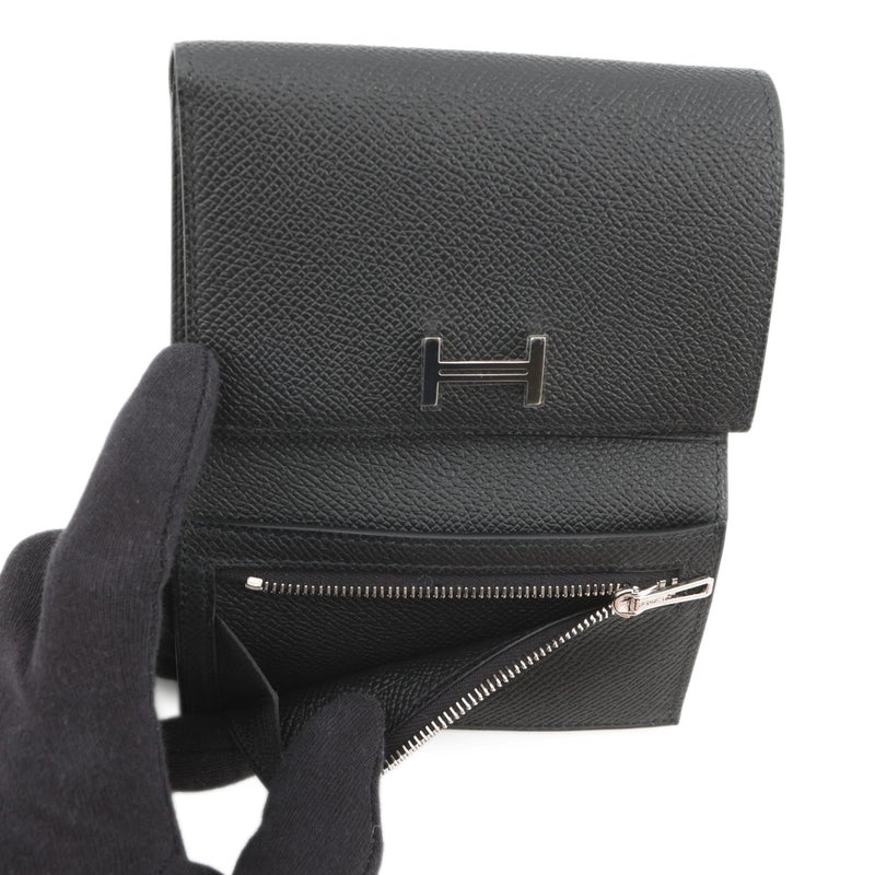 エルメス 三つ折り財布 ベアンコンビネ ブラック/シルバー金具 エプソン K刻印 HERMES 財布 黒