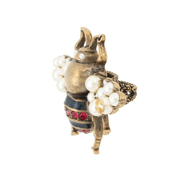 グッチ リング ビー ダブルフィンガー フェイクパール ラインストーン サイズS GUCCI アクセサリー 指輪 蜂