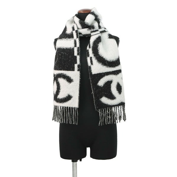 シャネル マフラー ココマーク ロゴ カシミヤ シルク AAA478 CHANEL 黒 白