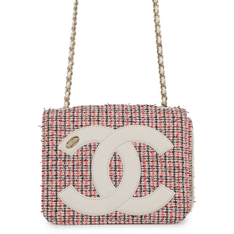 シャネル チェーンショルダーバッグ デカココ ココマーク フルフラップ ツイード/レザー CHANEL 白