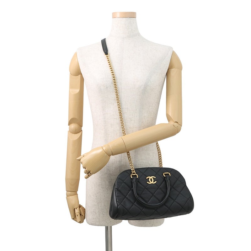 シャネル チェーンショルダーバッグ ココマーク マトラッセ ボーリングバッグ キャビアスキン AS3893 CHANEL 黒