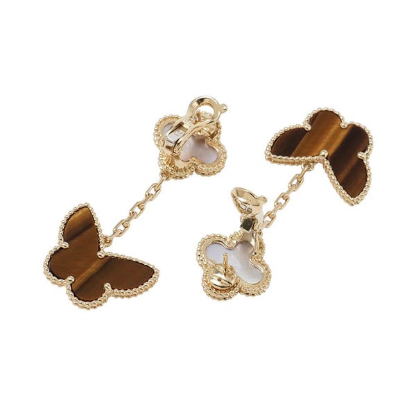 ヴァンクリーフ&アーペル ピアス ラッキー アルハンブラ イヤリング 2モチーフ タイガーズアイ/マザーオブパール K18YG VCARD79800