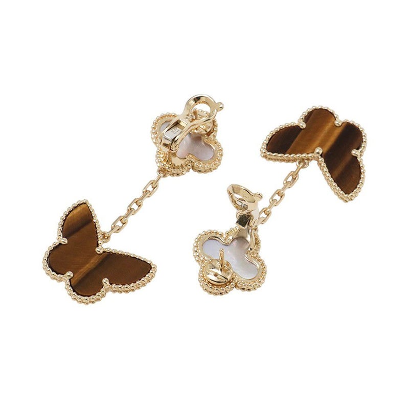 ヴァンクリーフ&アーペル ピアス ラッキー アルハンブラ イヤリング 2モチーフ タイガーズアイ/マザーオブパール K18YG VCARD79800