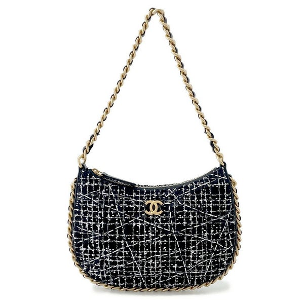 シャネル チェーンショルダーバッグ ココマーク マトラッセ ツイード ホーボーバッグ AS3631 CHANEL ハンドバッグ 黒 白