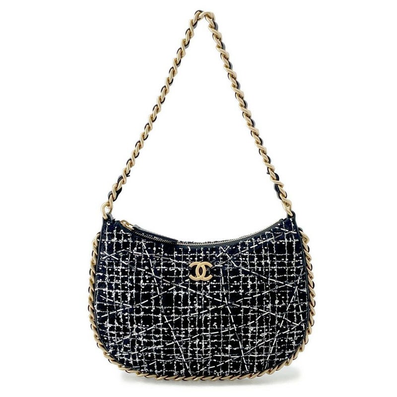 シャネル チェーンショルダーバッグ ココマーク マトラッセ ツイード ホーボーバッグ AS3631 CHANEL ハンドバッグ 黒 白