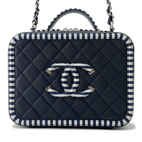 シャネル チェーンショルダーバッグ CCフィリグリー ボーダー バニティバッグ キャビアスキン A93343 CHANEL 白