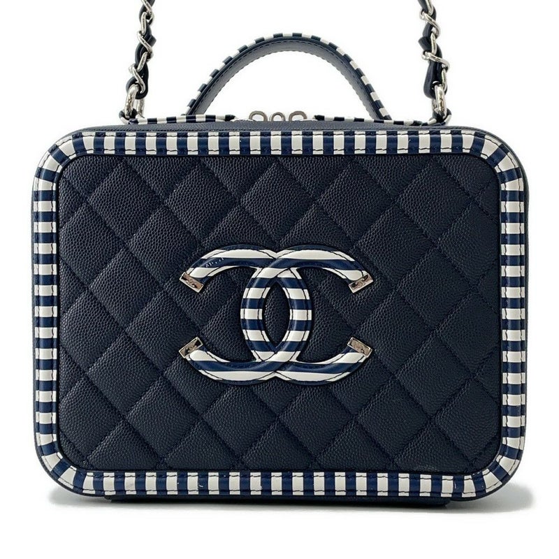 シャネル チェーンショルダーバッグ CCフィリグリー ボーダー バニティバッグ キャビアスキン A93343 CHANEL 白