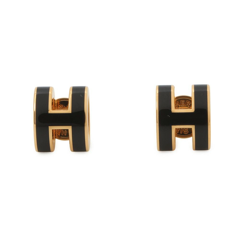 HERMESエルメス　ポップアッシュミニピアス　ブラック/ゴールド　Hモチーフ エルメス ピアス ミニ・ポップアッシュ ブラック/ゴールド金具 H