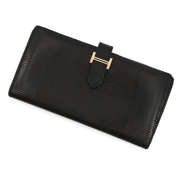 エルメス 長財布 ベアンクラシック ブラック/ゴールド金具 リザード □E刻印 HERMES 財布 黒