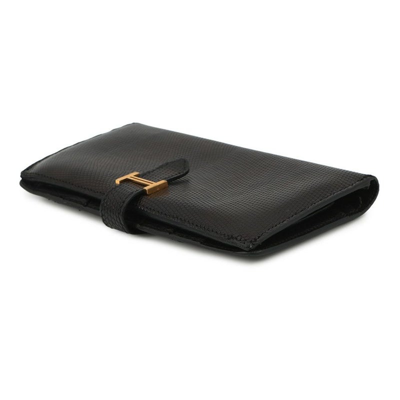 エルメス 長財布 ベアンクラシック ブラック/ゴールド金具 リザード □E刻印 HERMES 財布 黒