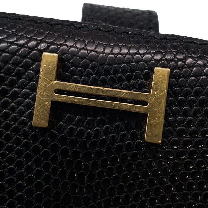 エルメス 長財布 ベアンクラシック ブラック/ゴールド金具 リザード □E刻印 HERMES 財布 黒
