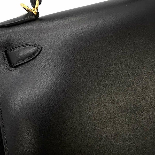 エルメス ハンドバッグ ケリー28 外縫い ブラック/ゴールド金具 ボックスカーフ □D刻印 2wayショルダー 黒