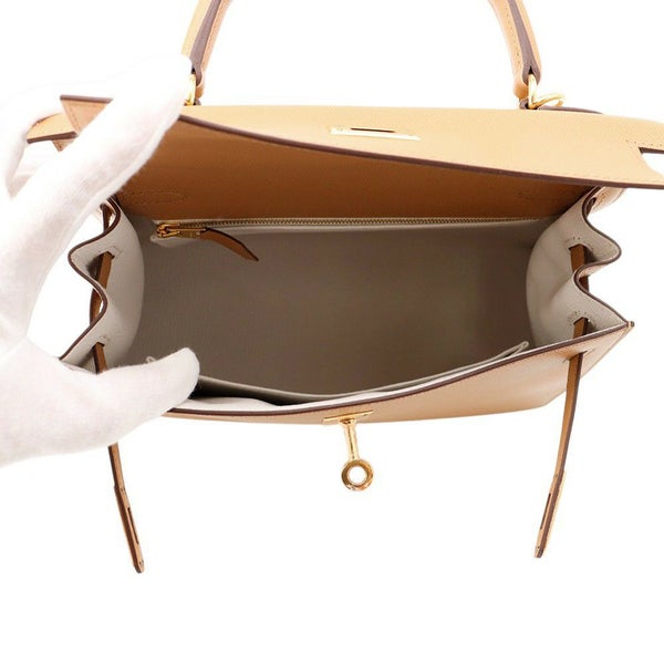 エルメス ハンドバッグ ケリー25 外縫い ヴェルソ ビスキュイ/ニューホワイト/ゴールド ヴォーマダム W刻印 ２wayショルダー