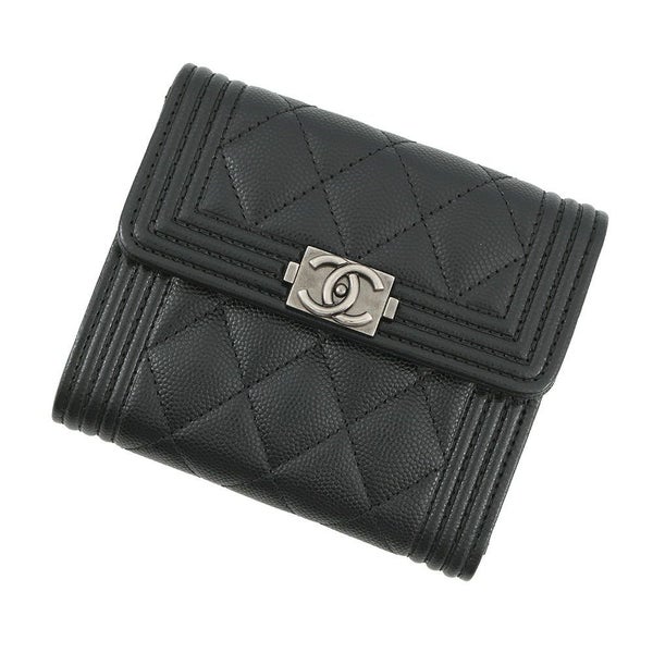 シャネル 三つ折り財布 ボーイシャネル ココマーク マトラッセ ウォレット キャビアスキン A80734 CHANEL 財布 黒